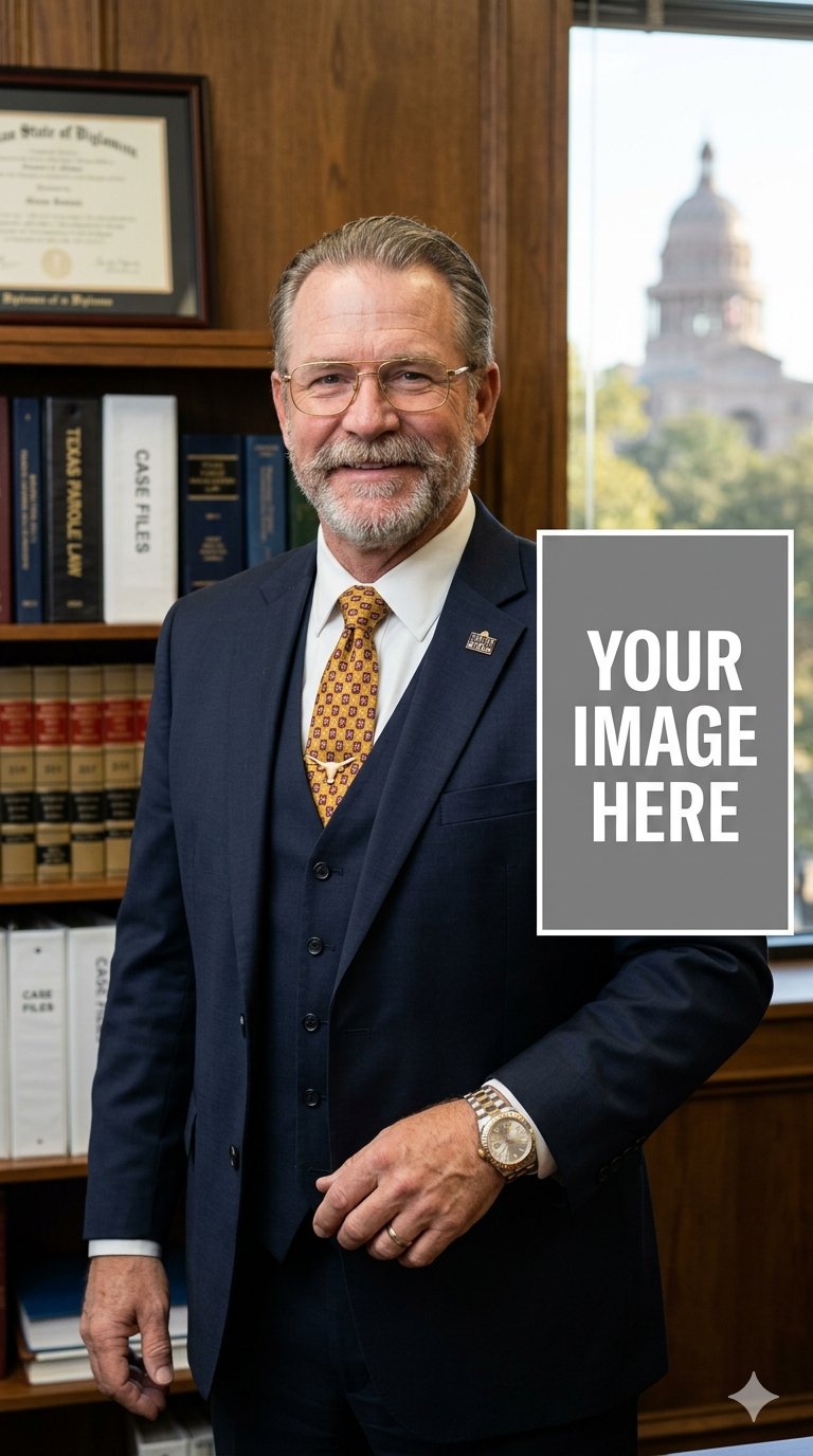 James R. Whitaker, Attorney at Law, standing in his Austin law office